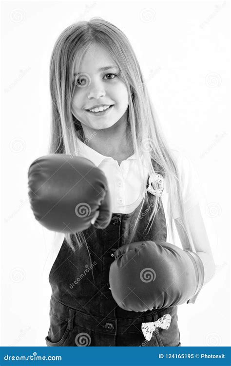 Girls Power Concept Girl On Smiling Face Posing With Boxing Gloves