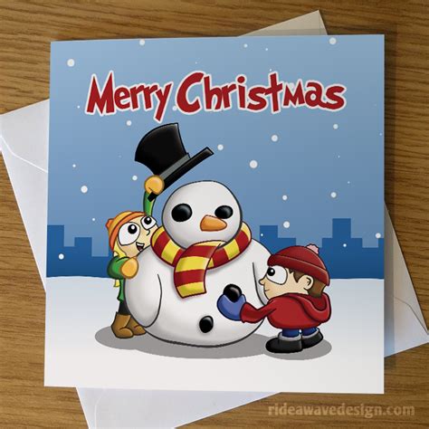 snowman christmas card cartoon greeting cards ride a wave design