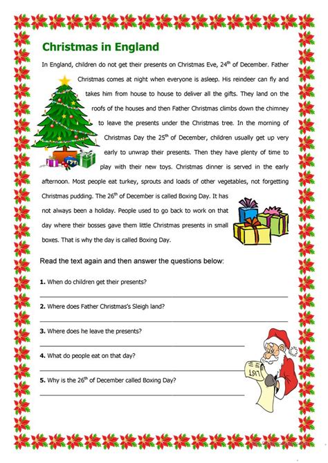 Esl Christmas Reading Comprehension Worksheets Intermediate