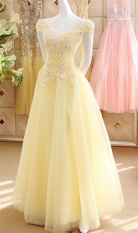 Pastel Yellow Cap Sleeves Sequined Tulle Prom Dressessexy V Neck Beads