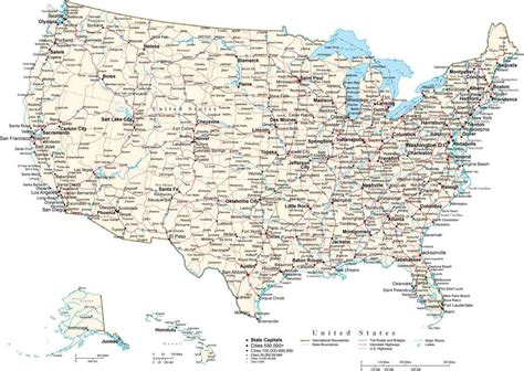Usa Curved Projection Map With Cities Roads And Water Features