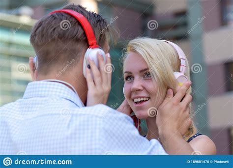 Couple In Love Listening Music In Headphones Stock Photo Image Of