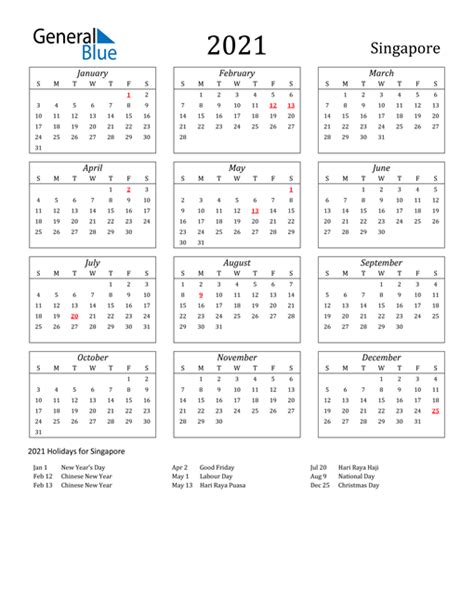 Singapore 2021 Calendar