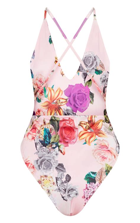 Pink Jewel Floral Plunge Swimsuit Swimwear Prettylittlething Aus