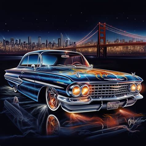 A Painting Of A Classic Car In Front Of The Golden Gate Bridge And San