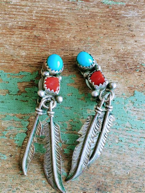 Vintage Native American Feather Earrings Turquoise Coral Clip Style By