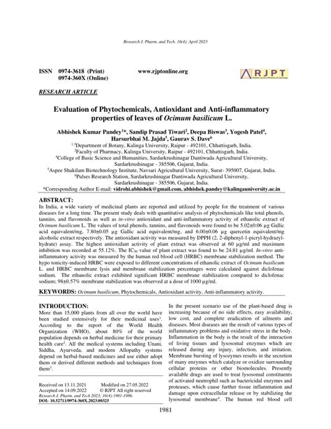 pdf evaluation of phytochemicals antioxidant and anti inflammatory properties of leaves of