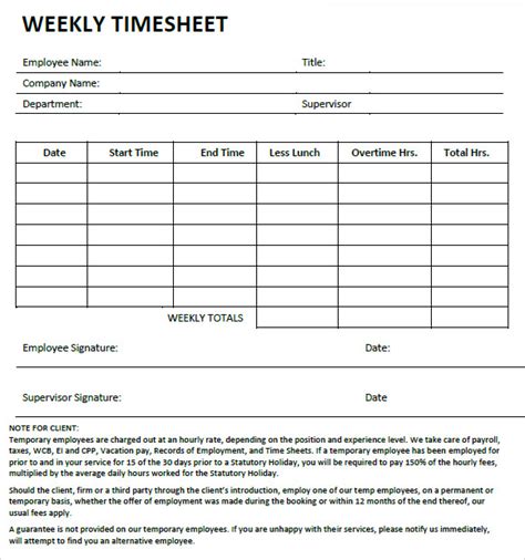 Weekly Timesheet Template 8 Free Samples Examples Format