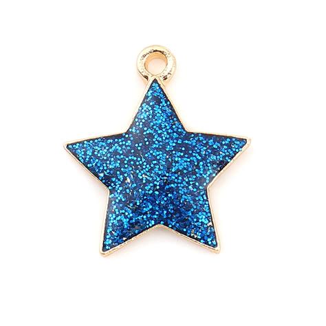 Gold Plated Royal Blue Glitter Enamel Pentagram Star Zinc Based Alloy