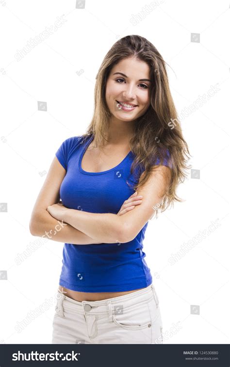 Beautiful Young Woman Standing Arms Crossed Stock Photo