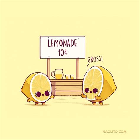 two lemons with faces drawn in front of a lemonade stand on yellow background