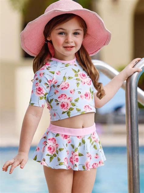 Girls Rose Bud Beauty Rash Guard Two Piece Swimsuit Little Girl