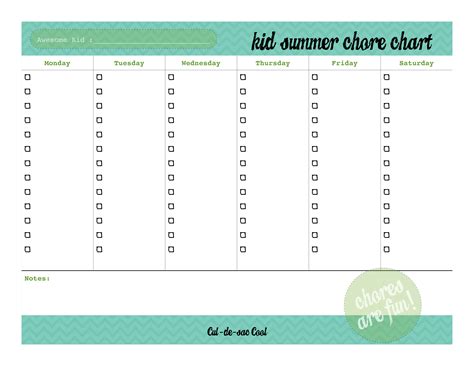 Diy Printable Kid Summer Chore Chart