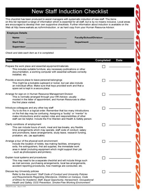 New Staff Induction Checklist Performance Appraisal Employment