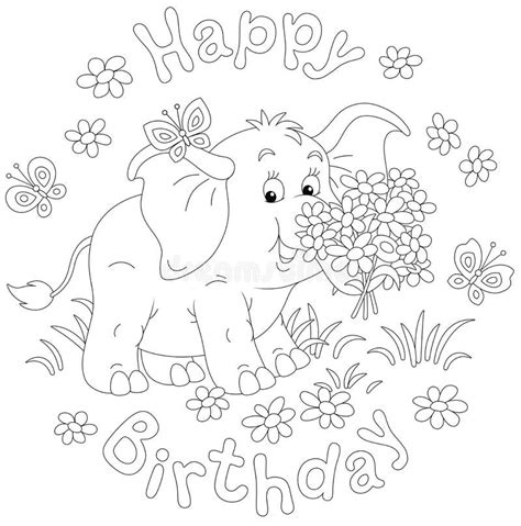 Happy Birthday Card With A Little Elephant And A Bouquet Stock Vector