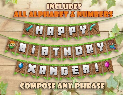 Happy birthday banner printable minecraft letters font. Minecraft Birthday Banner Party Printable Personalized ...
