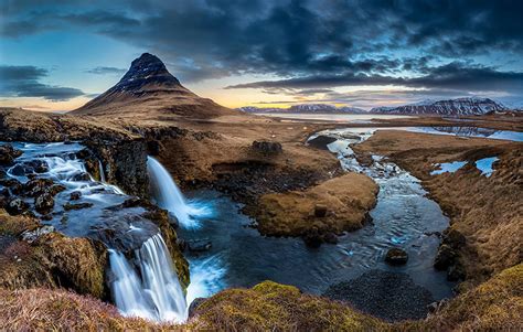 Картинка Киркьюфетль гора Исландия Горы Природа Водопады Облака Sunset