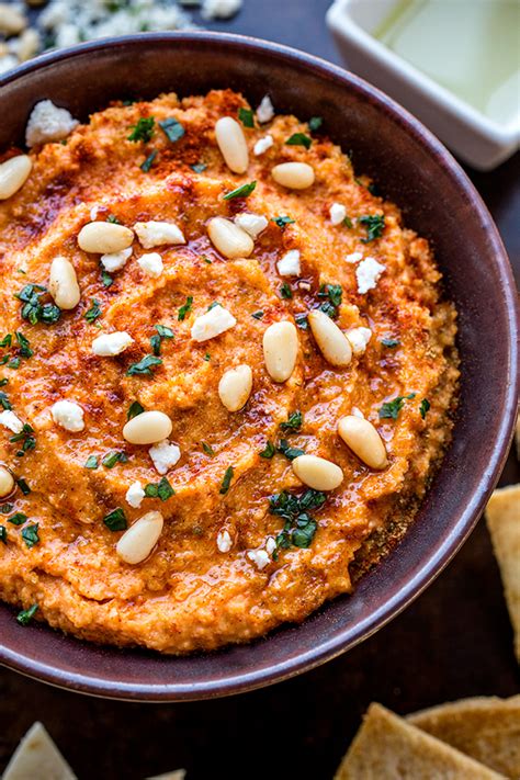 Smoky Roasted Red Pepper Hummus Dip With Feta Cheese And Pine Nuts