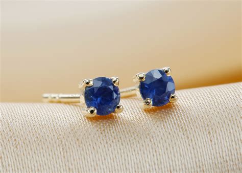 Blue Sapphire Studs Earrings In K Solid Gold Dainty Round Etsy