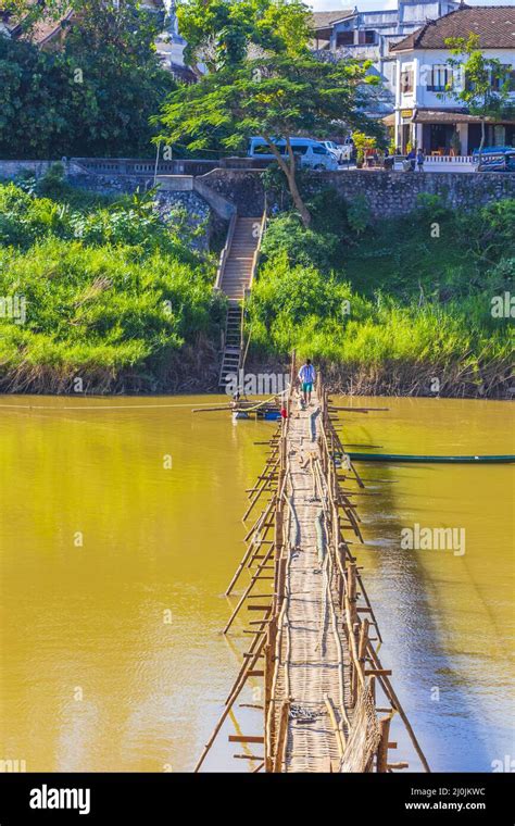 Construction Of Bamboo Bridge Over Mekong River Luang Prabang Laos