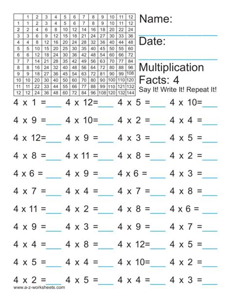 Multiplication By 4 Worksheet