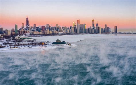 Aerial View Of Lake Michigan Near Chicago Frozen During The Winter