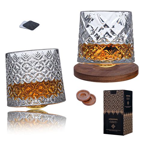 Buy Spinner Whiskey Glasses With Wood Coasters Old Fashioned Whiskey Glasses Spinning Cups