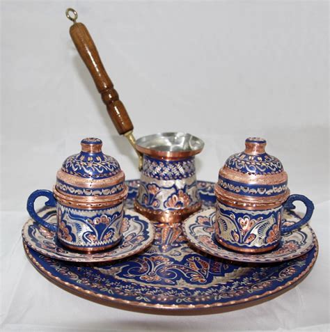 Hand Hammered Turkish Coffee Set For Two Blue Color Unique Turkish