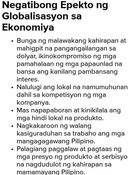 Masamang Epekto Ng Globalisasyon Sa Ekonomiya Brainly Ph