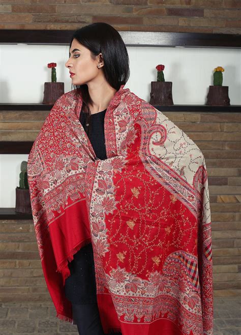 Sanaulla Exclusive Range Embroidered Pashmina Shawl 19 Akp 21 Dark Pink