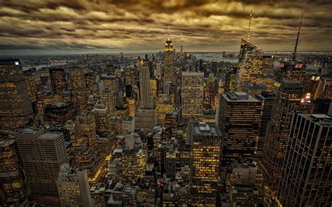 Download Wallpapers New York Evening City Lights Skyscrapers Empire