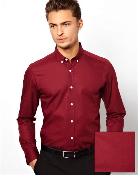 Lyst Asos Smart Shirt In Long Sleeve With Button Down Collar In Cotton In Red For Men