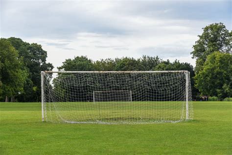 Outdoor Football Pitch With Goals And Soccer Nets In Public Park Stock