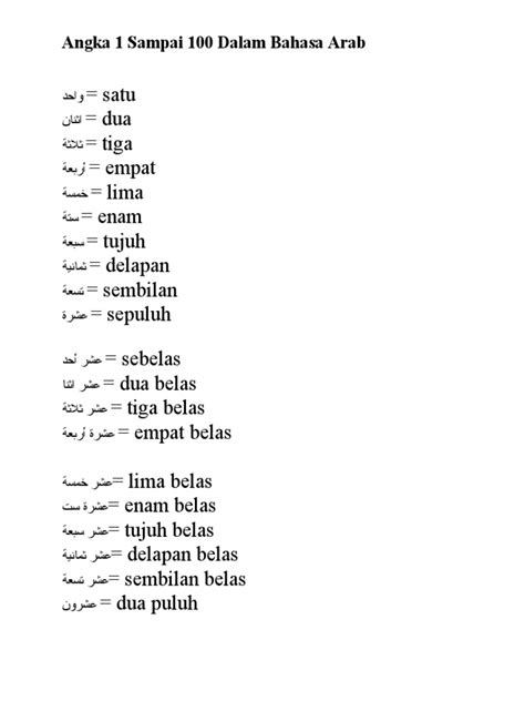 Kalimat dalam bahasa indonesia adalah kumpulan dua kata atau lebih yang menunjukkan kepada suatu maksud, sedangkan dalam bahasa arab tidak mempunyai arti. Angka 1 Sampai 100 Dalam Bahasa Arab