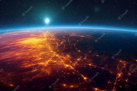 Hermosa Vista Sobre El Planeta Tierra Desde El Espacio Por La Noche Con Luz De La Ciudad Y Fondo