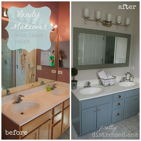 If space permits, two sink areas provide great convenience in shared bathrooms. Pretty Distressed: Bathroom Vanity Makeover with Latex Paint