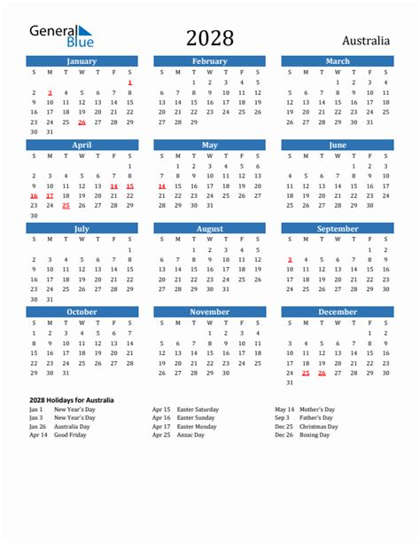 2028 Australia Calendar with Holidays