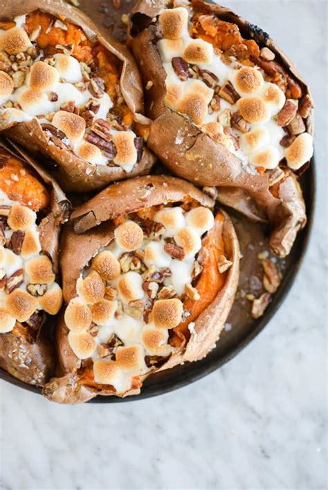 Baked Sweet Potatoes With Marshmallow Pecan Topping Fed And Fit