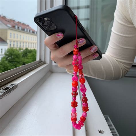 Phone Charm Red And Pink Mobile Phone Chain With Colorful Beads Etsy