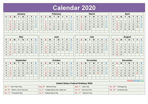 Printable Yearly 2020 Calendar With Holidays Word Pdf