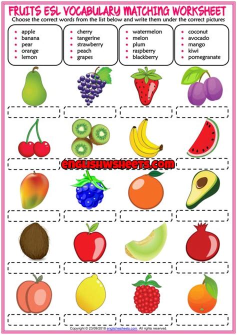 Fruits Vocabulary Matching Exercise Esl Worksheet For Kids Fruits For