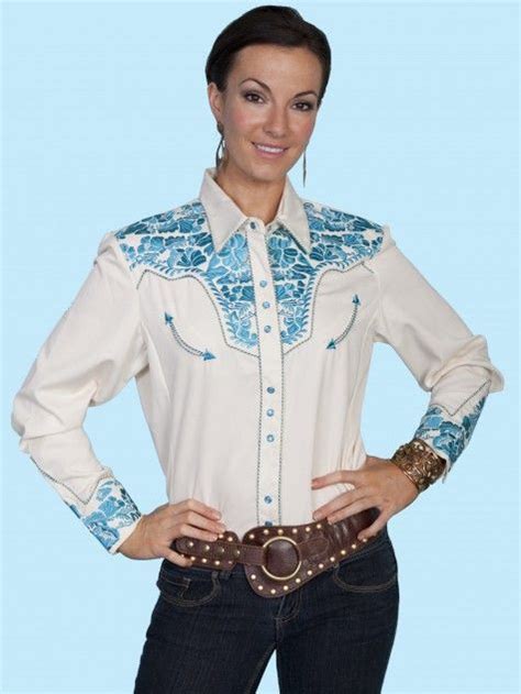 Cowgirls Scully Womens Cream And Turquoise Embroidered Yoke Ls Western