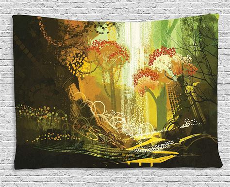 Fantasy Decor Tapestry Forest With Waterfall Vivid Autumn Season Nature