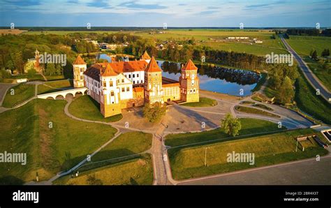 Aerial View Of Medieval Mir Castle Complex On Sunny Spring Day Famous