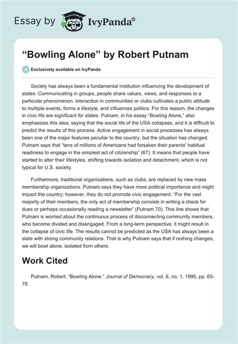 Bowling Alone By Robert Putnam 277 Words Critical Writing Example