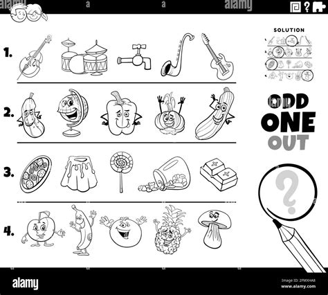 Black And White Cartoon Illustration Of Odd One Out Picture In A Row