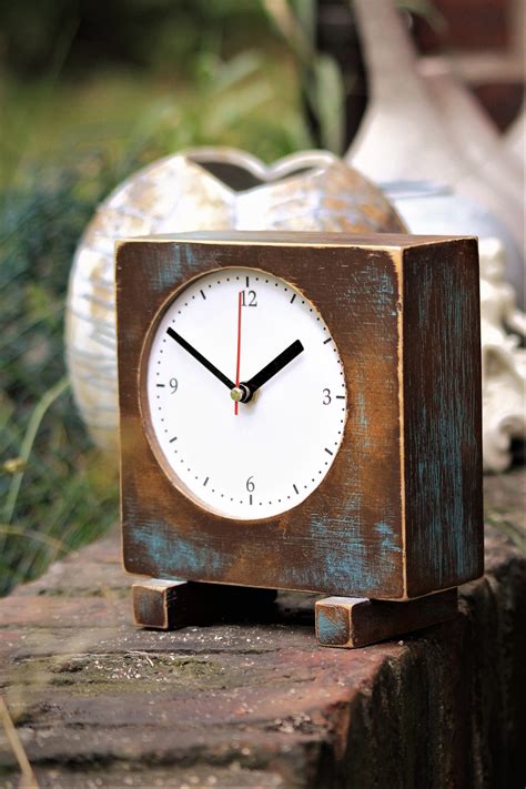 Desk Clock Brown Gold Turquoise Wooden Table Clock Unique Etsy