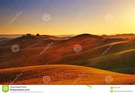 Tuscany Sunset Rural Landscape Rolling Hills Countryside Farm Stock