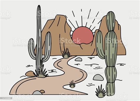 Wild West Desert Landscape With Mountains And Cactus Retro Cartoon