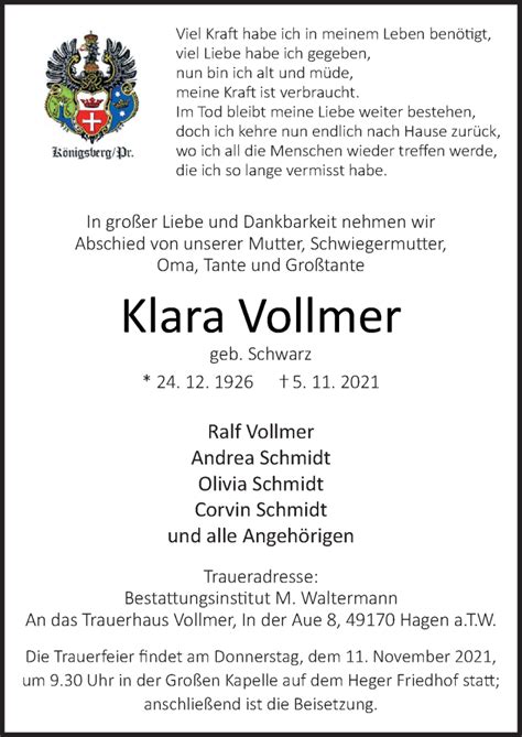Traueranzeigen Von Klara Vollmer Noz Trauerportal